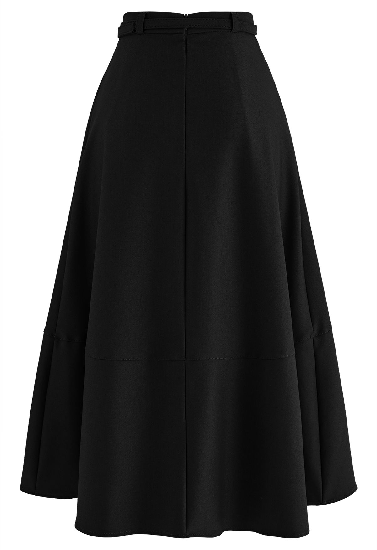 Side Pockets Pleated Belt Midi Skirt in Black