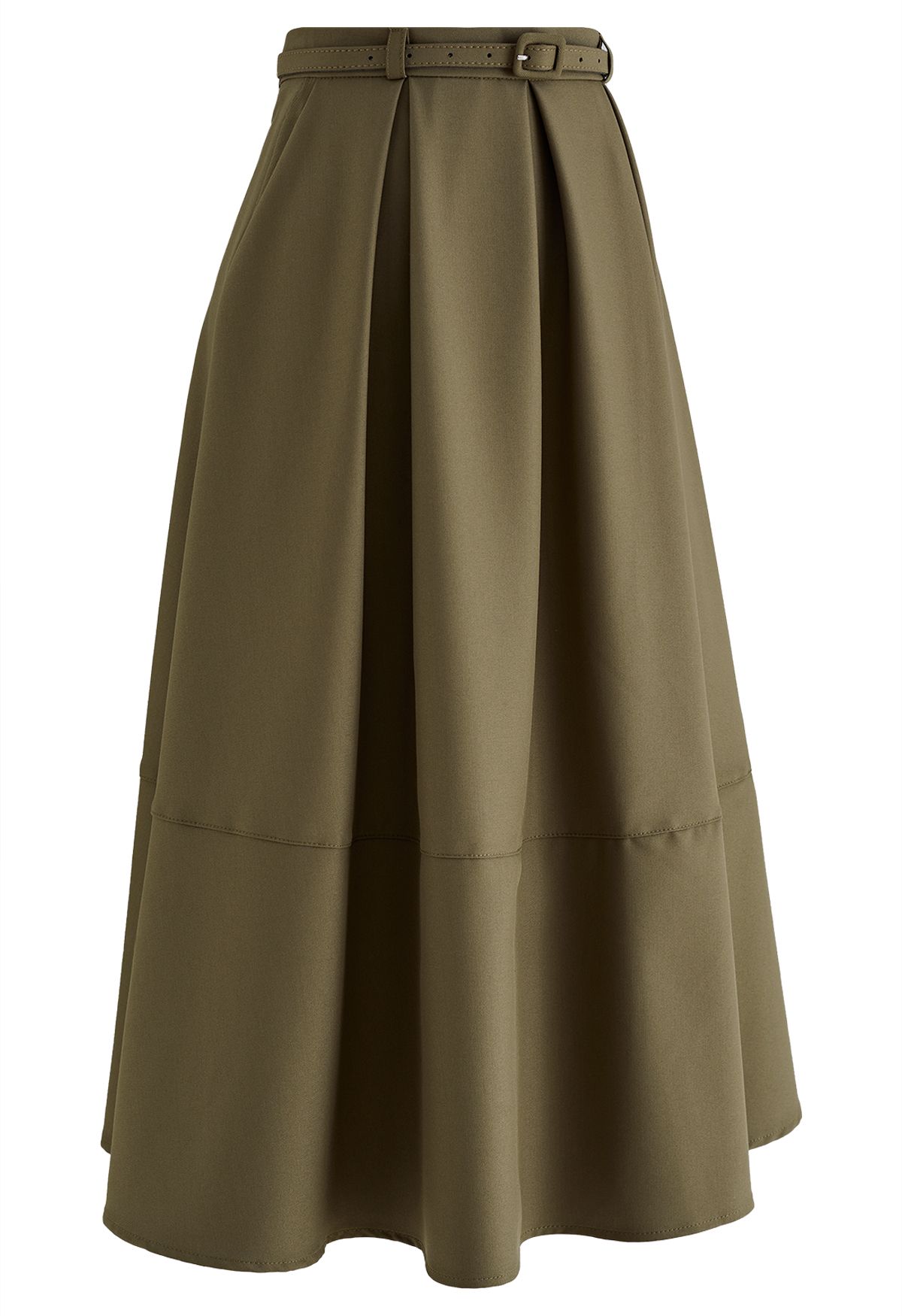 Side Pockets Pleated Belt Midi Skirt in Moss Green