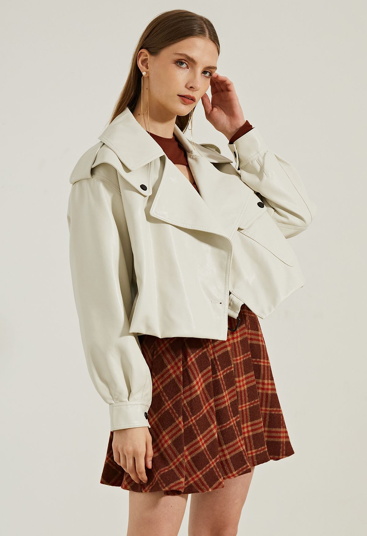 Stud Button Faux Leather Moto Jacket in Ivory