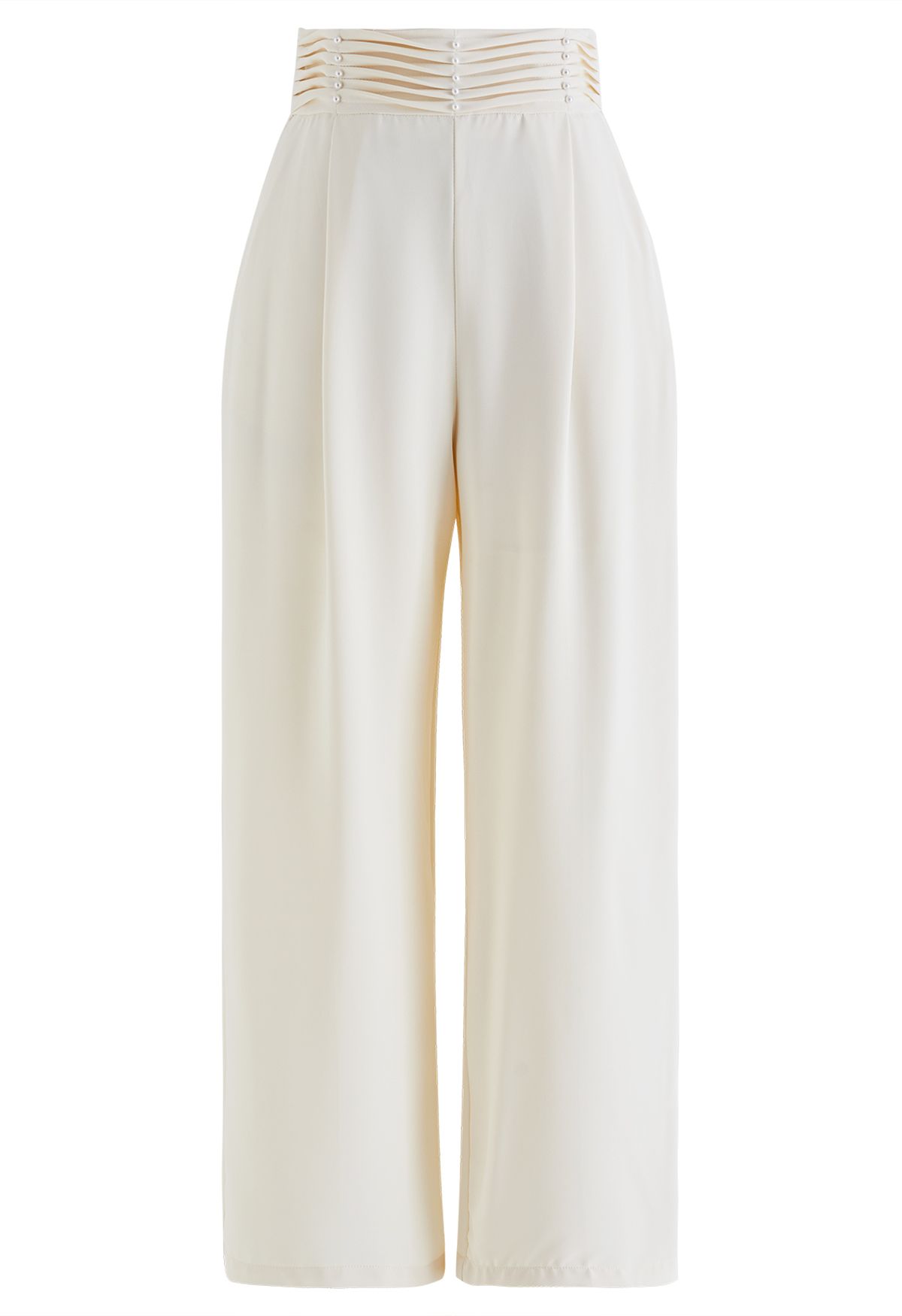 Pearly Pleated Waist Wide-Leg Pants in Cream