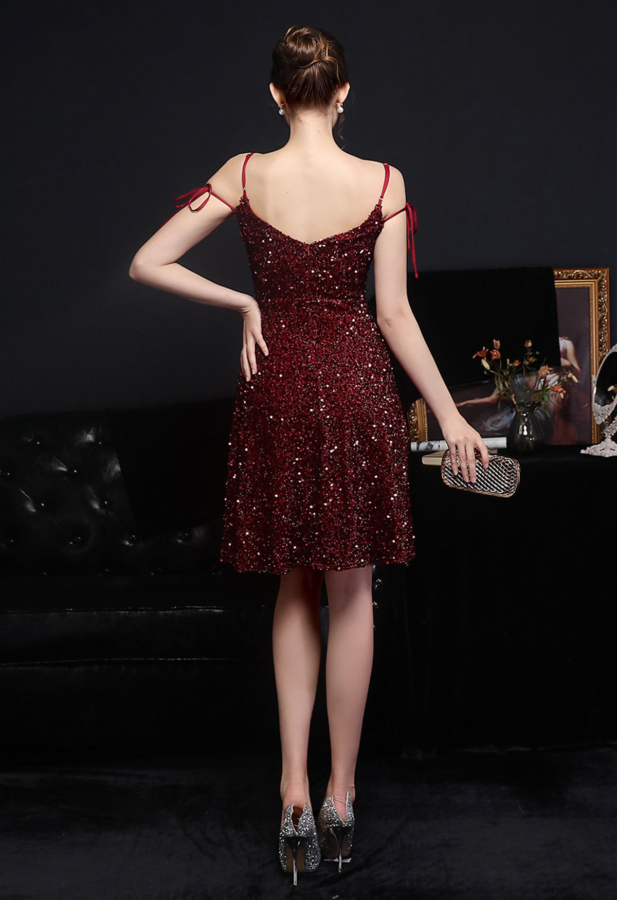 Enchanting Sequined Tie-String Cocktail Dress in Burgundy