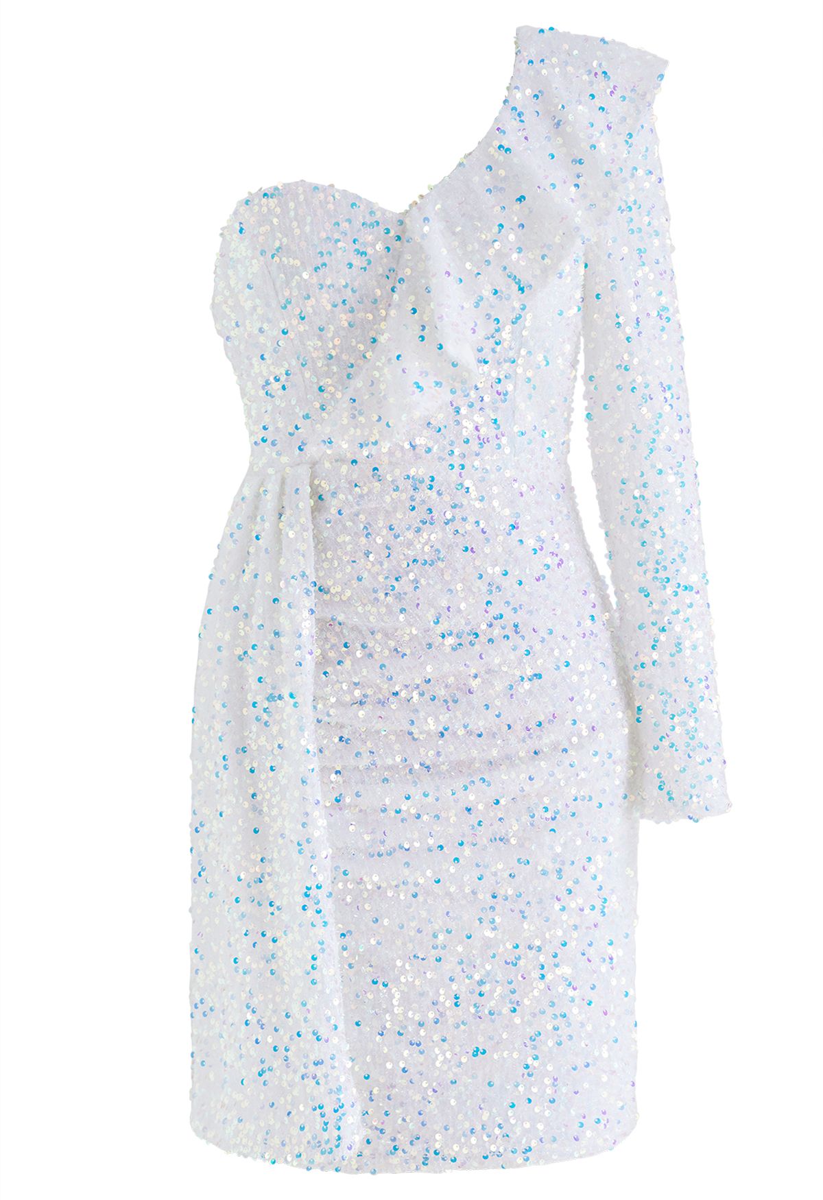 فستان كوكتيل مرصع بالترتر ملون بكتف واحد مكشكش باللون الأبيض