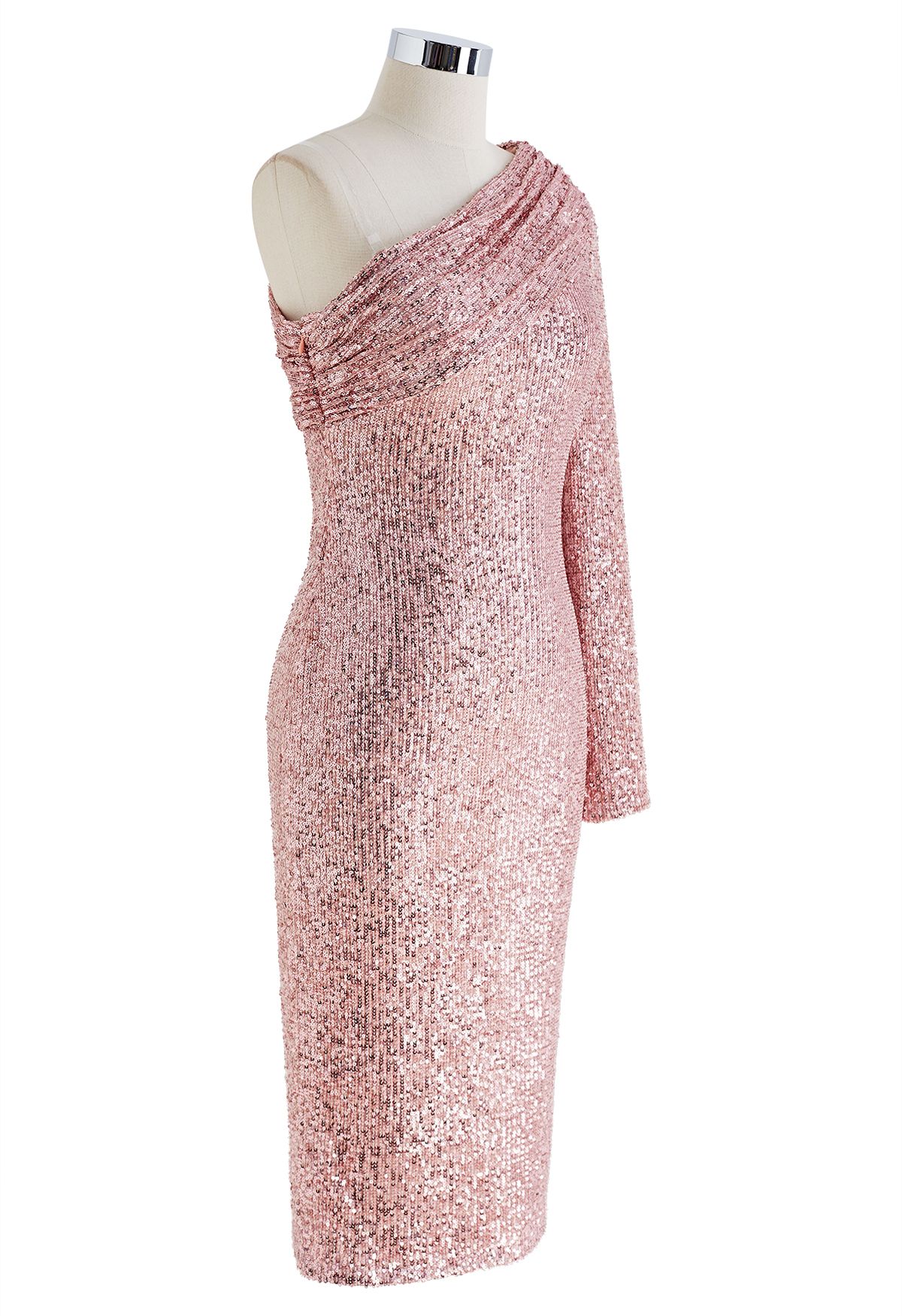 Slanted Shoulder Full Sequins Cocktail Dress in Pink