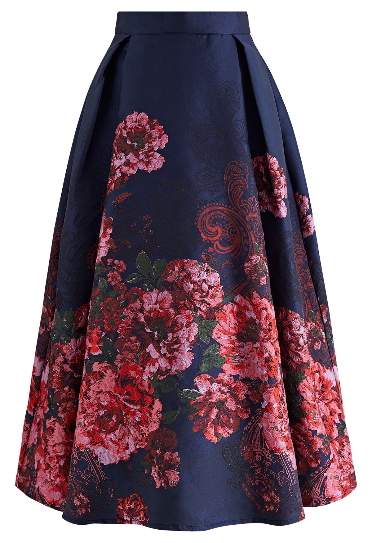 Bewitching Peony Jacquard Flare Skirt in Navy