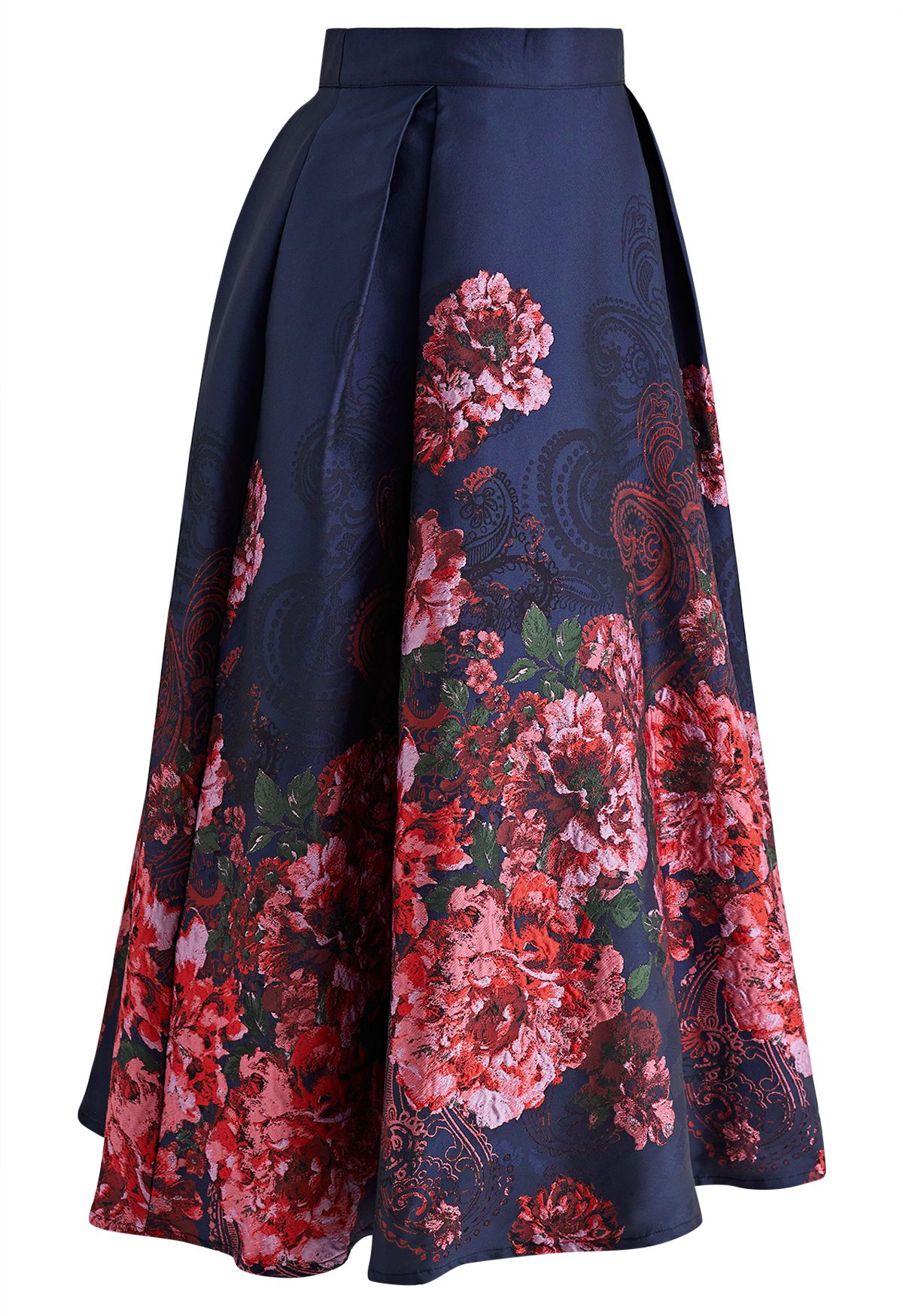 Bewitching Peony Jacquard Flare Skirt in Navy