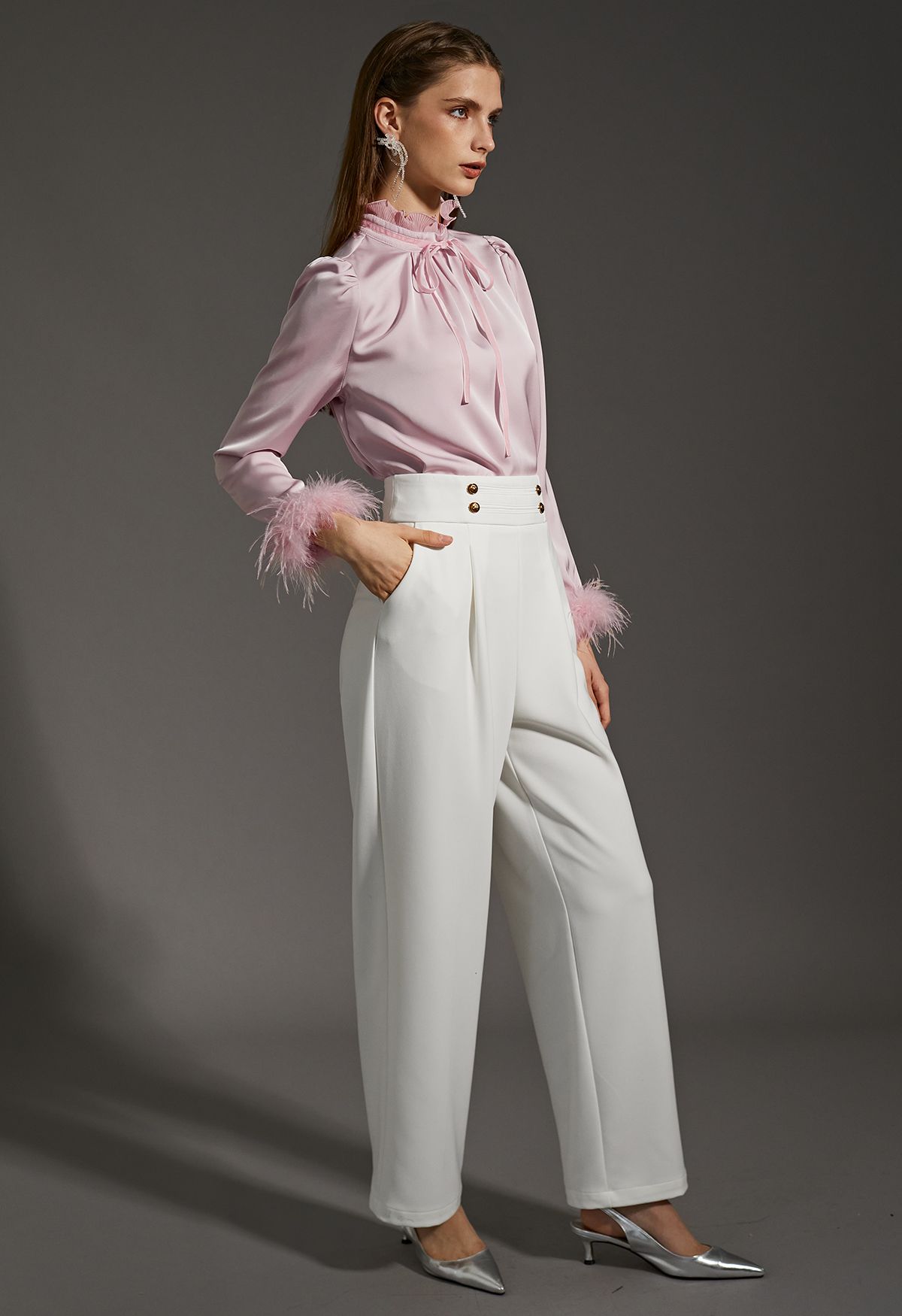Golden Button Wide-Leg Pants in White