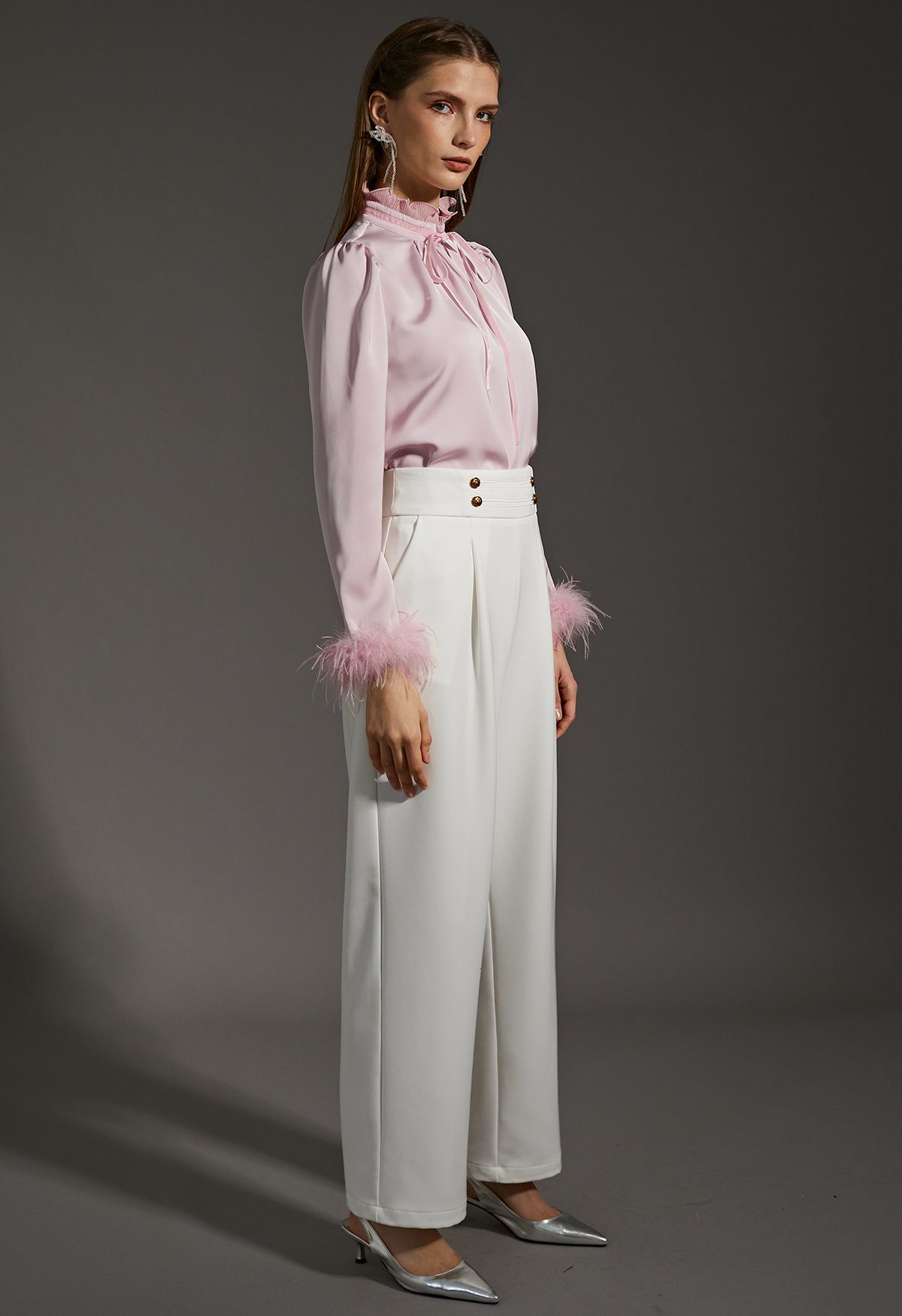 Golden Button Wide-Leg Pants in White