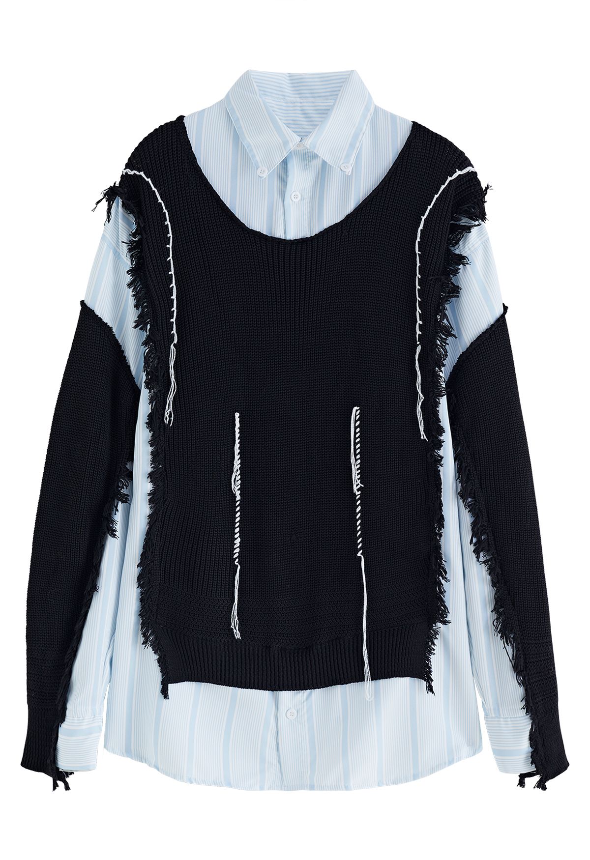 Frayed Detail Knit Spliced Striped Oversized Shirt in Black