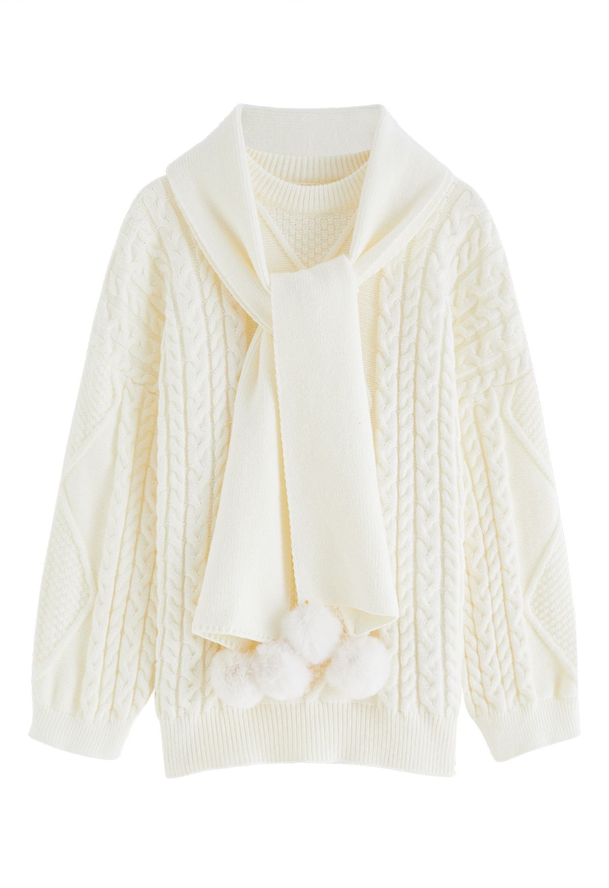 Cable Knit Sweater with Pom-Pom Scarf in Cream