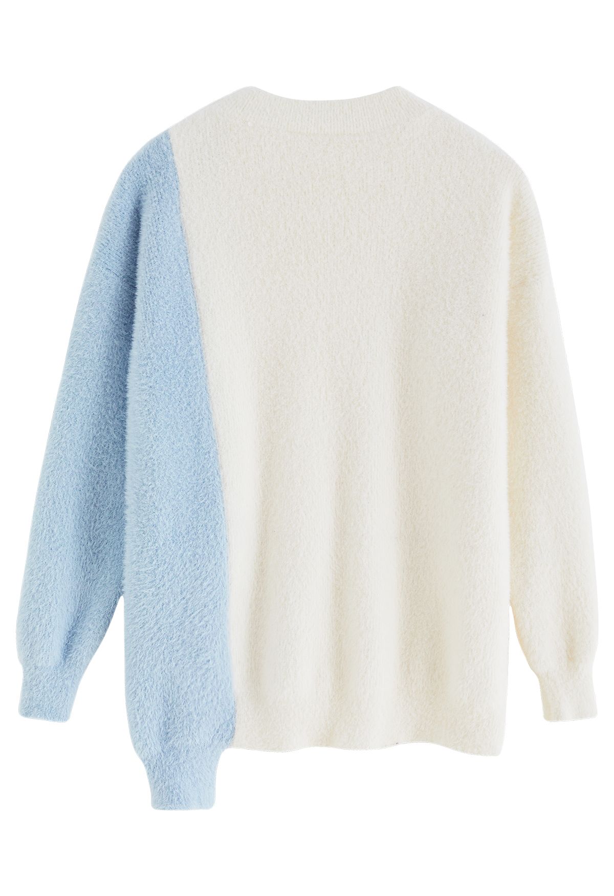 Bicolor Asymmetric Hem Fuzzy Knit Sweater in Cream