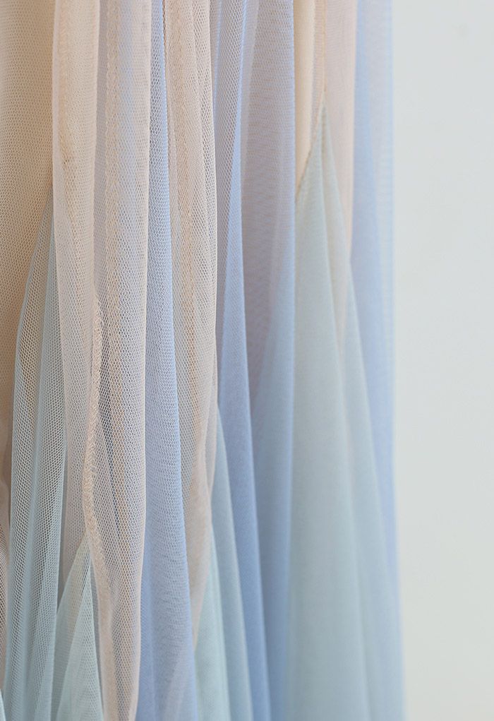 تنورة ماكسي شبكية مكشكشة بألواح ملونة في المشمش