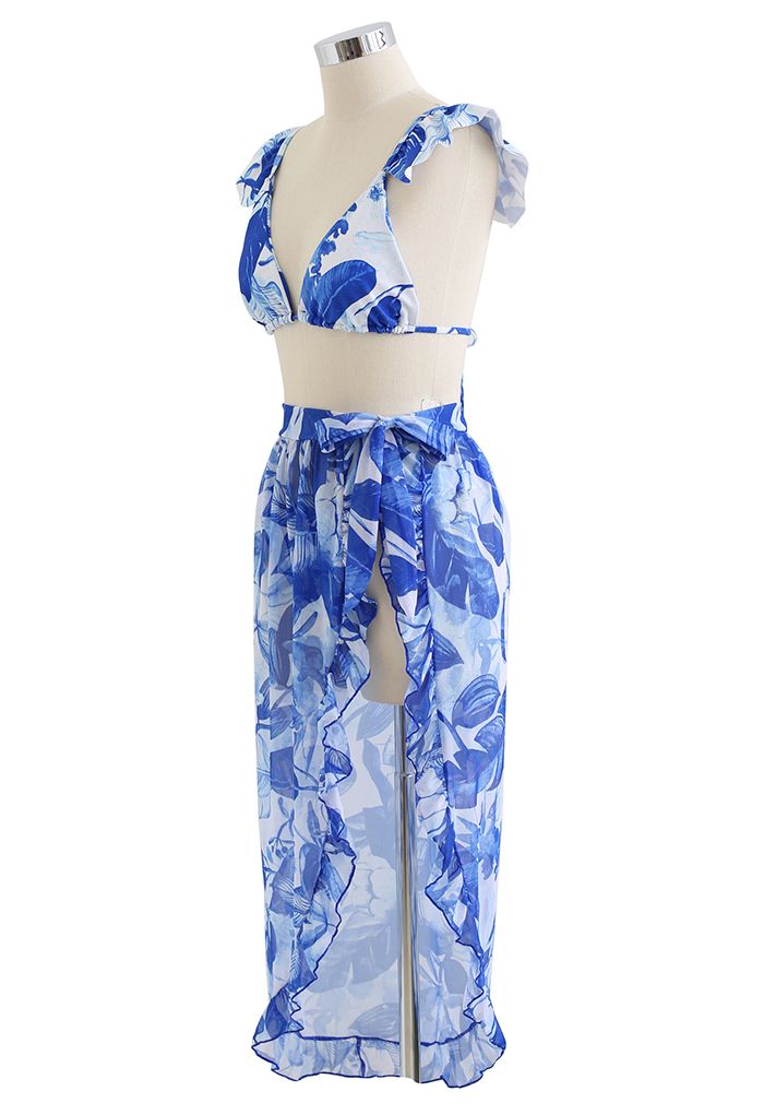 Rainforest Vibe Flutter Strap Bikini Set باللون الأزرق