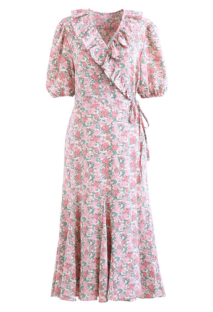 فستان ملفوف بكشكشة مزين بالزهور باللون الوردي