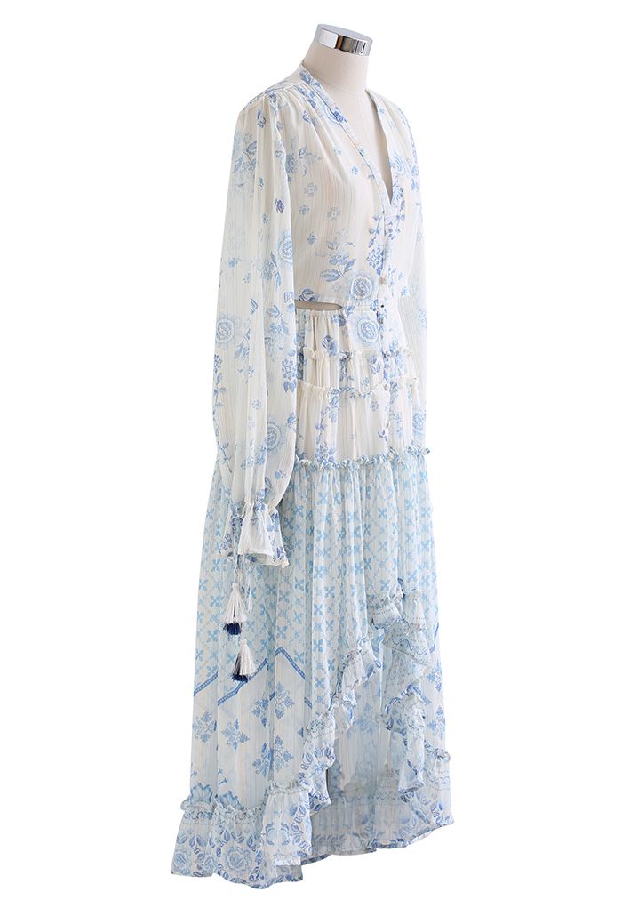 فستان سانتوريني بنقشة زهور عميقة على شكل V وحافة عالية