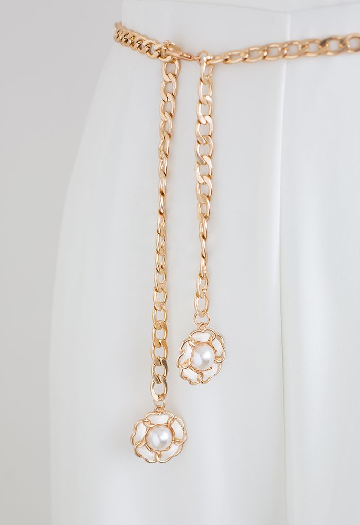 حزام سلسلة ذهبية لؤلؤة جلد صناعي مزهرة بالزهور باللون العاجي