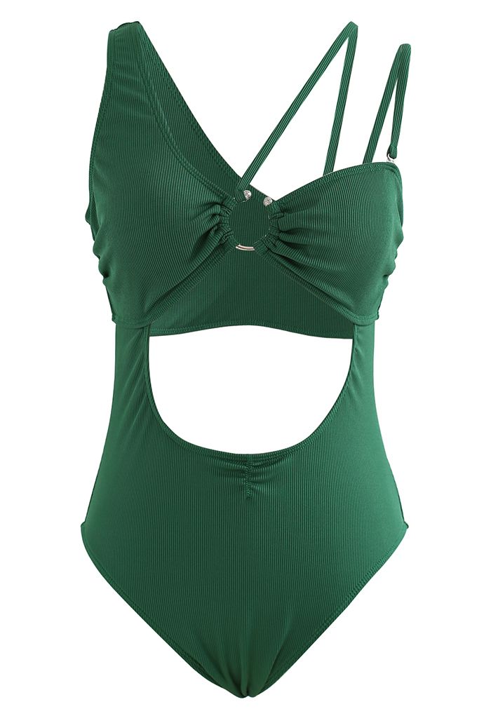 ملابس سباحة باللون الأخضر الداكن بأشرطة غير متماثلة