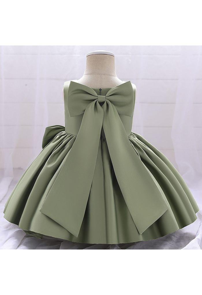 فستان الأميرة بلا أكمام بفيونكة كبيرة الظهر باللون الأخضر الطحلب للأطفال