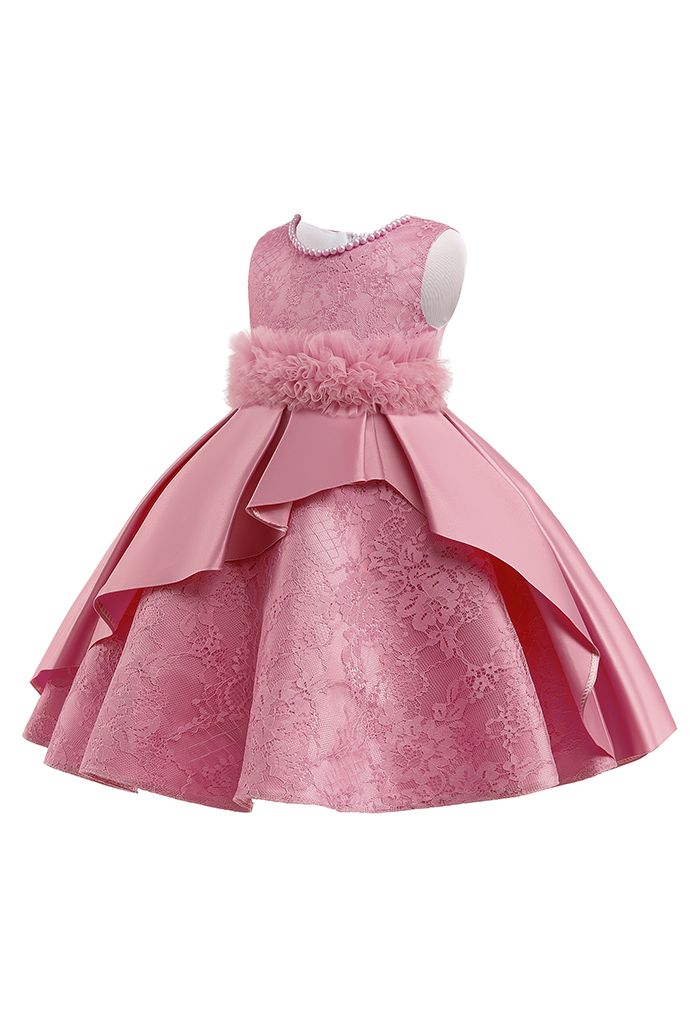 فستان أميرة شبكي مكشكش من الأزهار باللون الوردي للأطفال