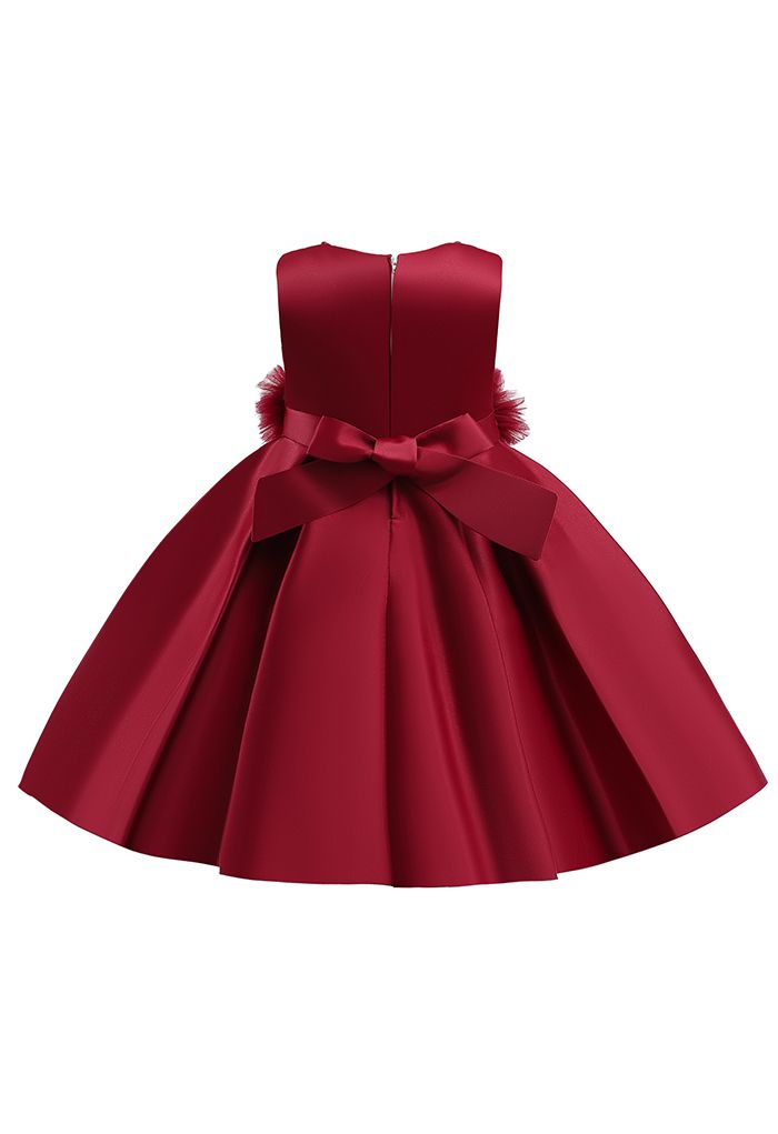 فستان أميرة شبكي مكشكش من الأزهار باللون الأحمر للأطفال
