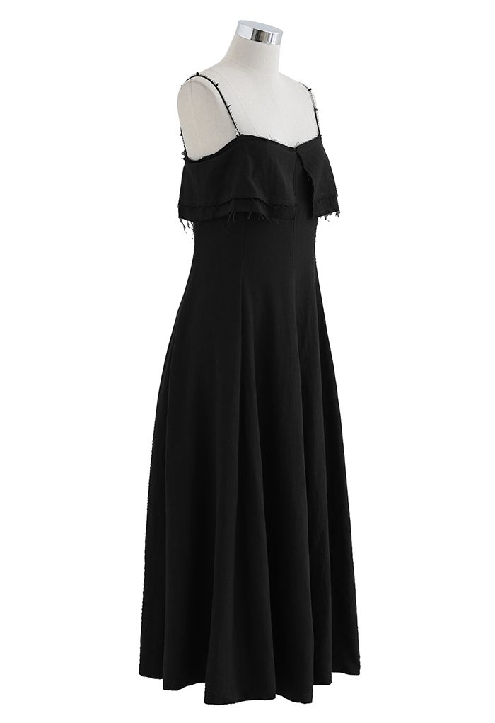 فستان كامي من الكتان بأشرطة مزدوجة باللون الأسود