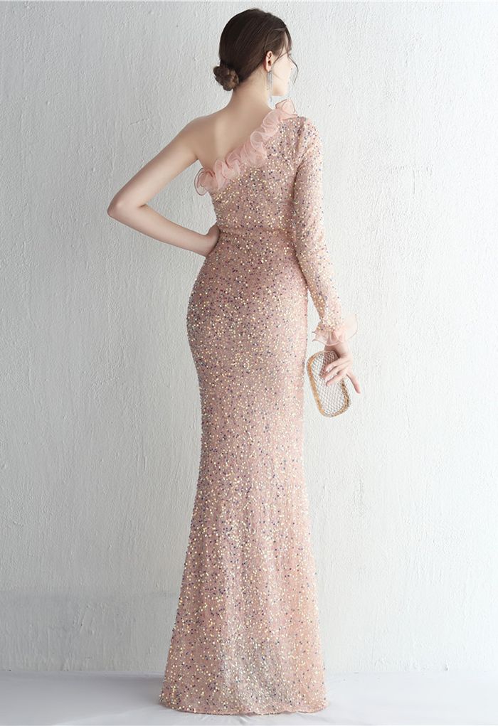 فستان بكتف واحد من الأورجانزا مزين بالترتر باللون الوردي المترب