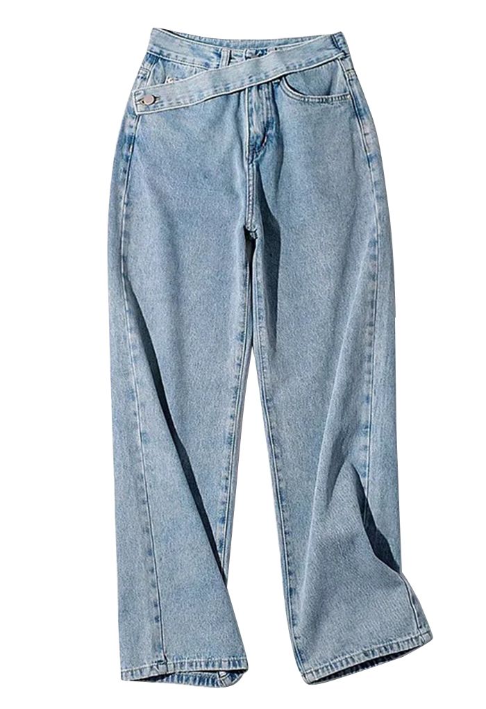 بنطلون جينز واسع بأزرار جانبية باللون الأزرق