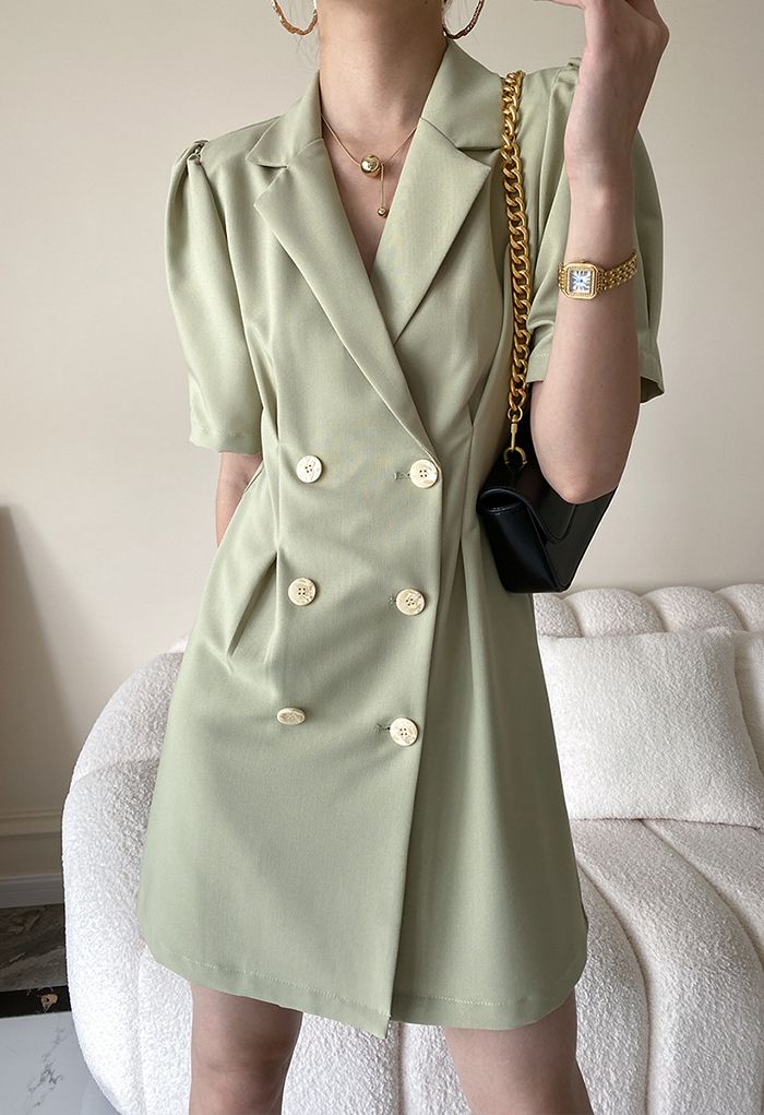 فستان بليزر بصدر مزدوج من Notch Lapel باللون الأخضر البازلاء
