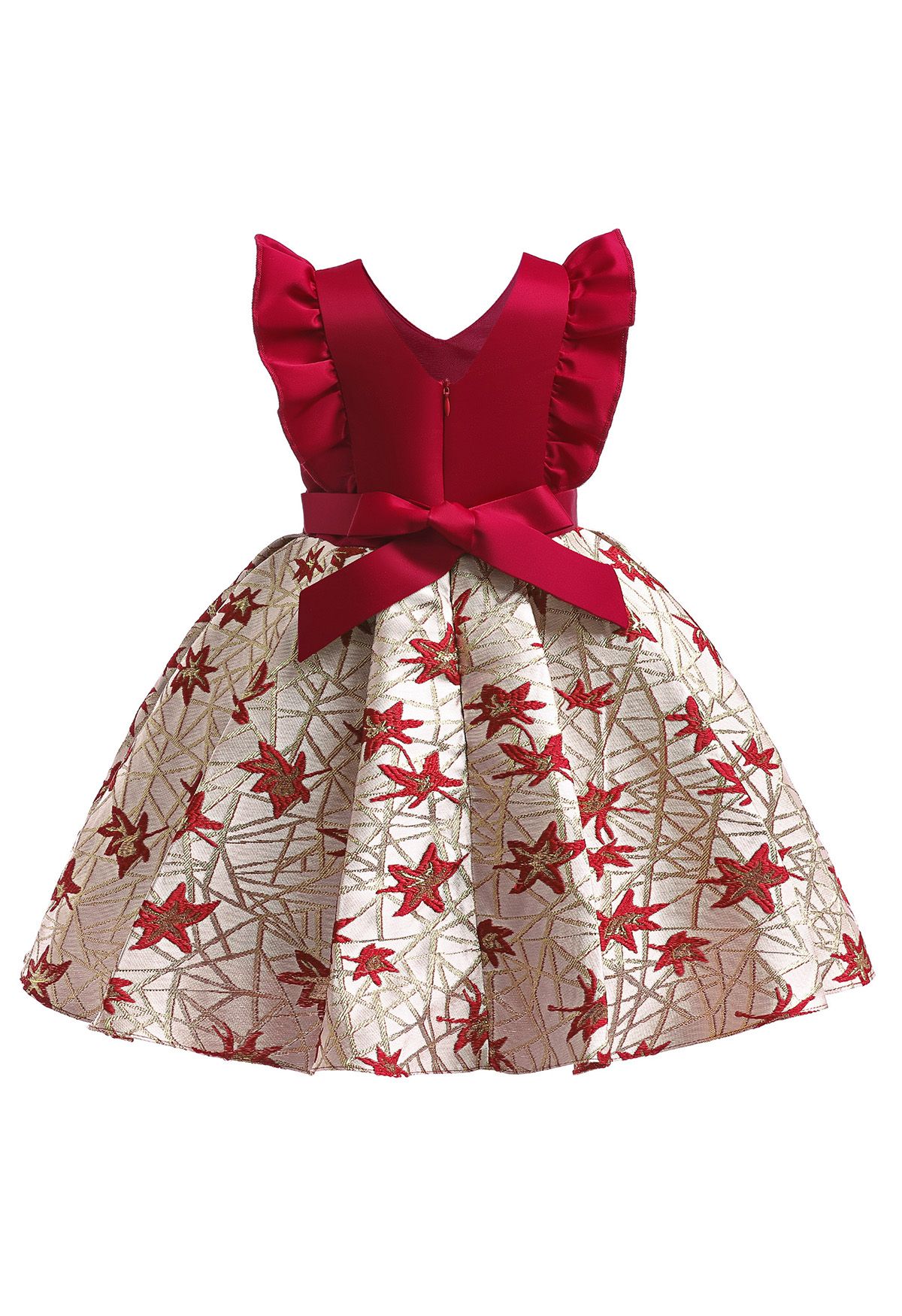 فستان بناتي جاكار ورق مكشكش بعقدة مطوية باللون الأحمر