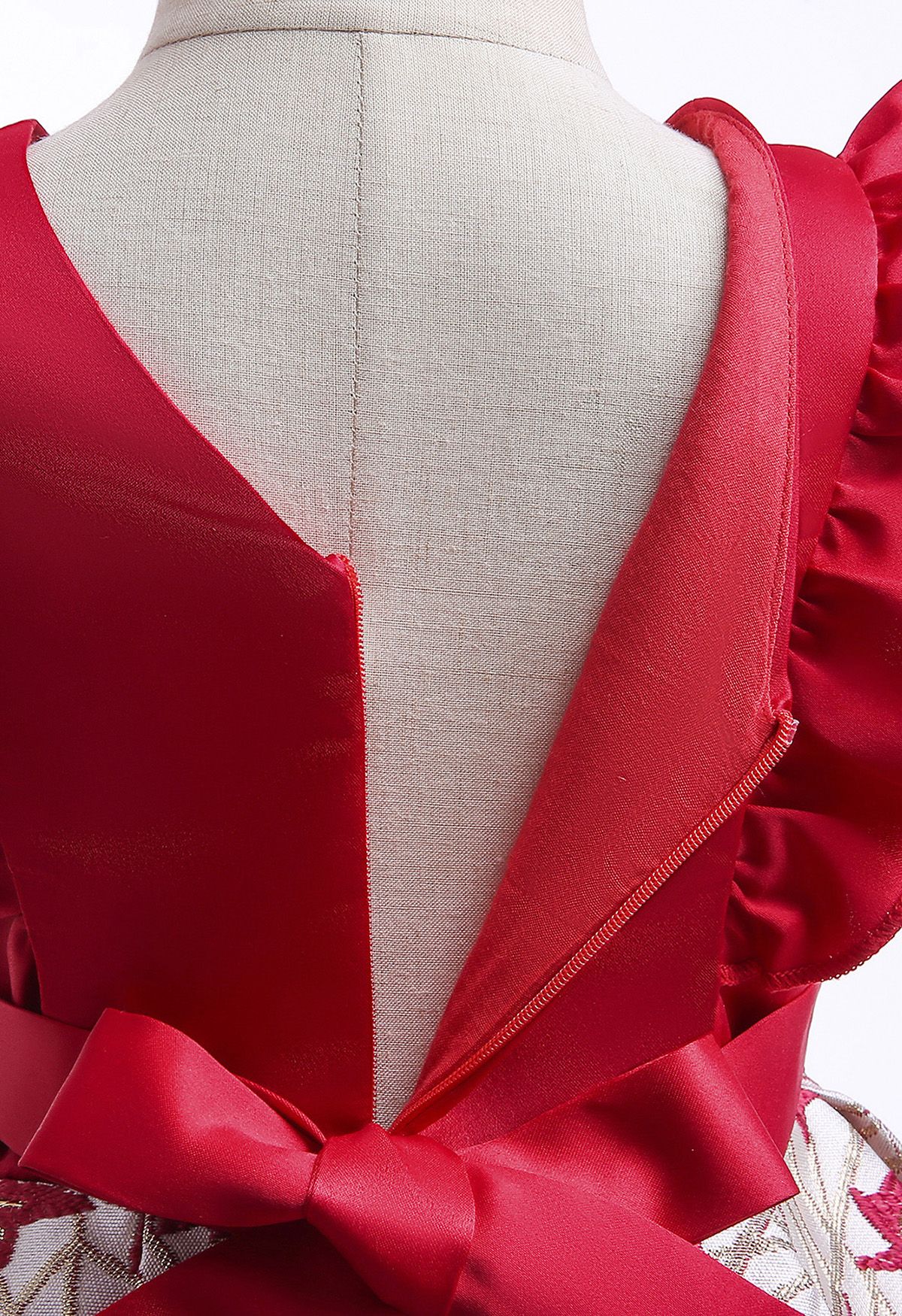 فستان بناتي جاكار ورق مكشكش بعقدة مطوية باللون الأحمر