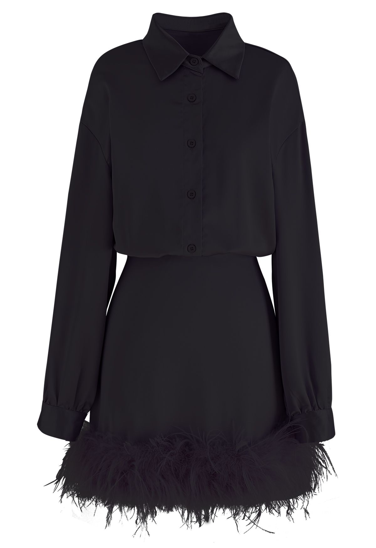 فستان ساتان بأكمام طويلة من الريش الأثيري باللون الأسود