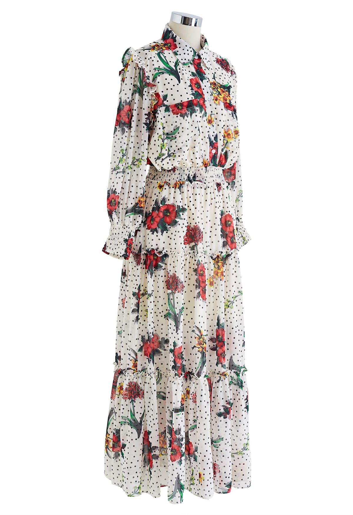 Polka Dot Floral Printed Chiffon Maxi Dress