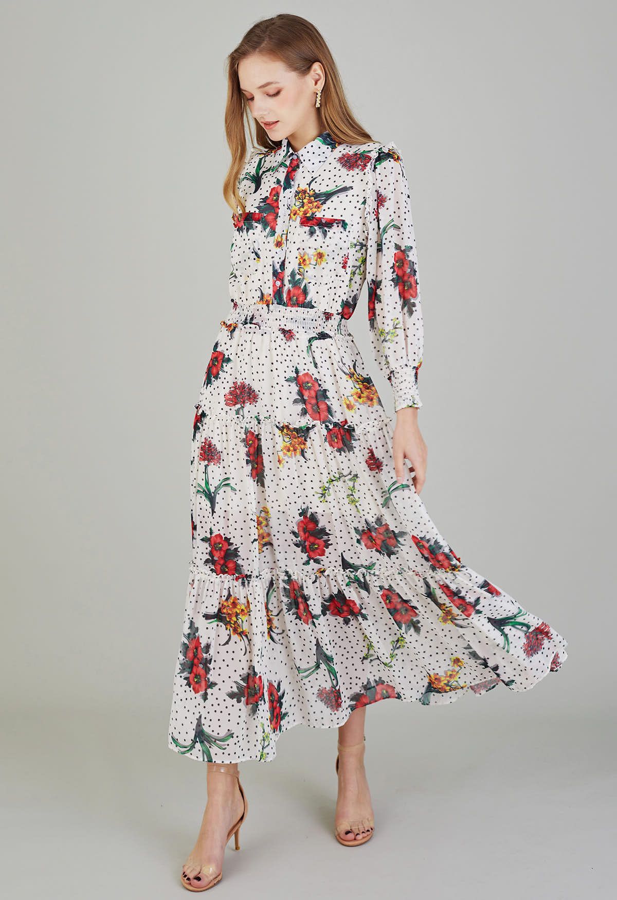 Polka Dot Floral Printed Chiffon Maxi Dress