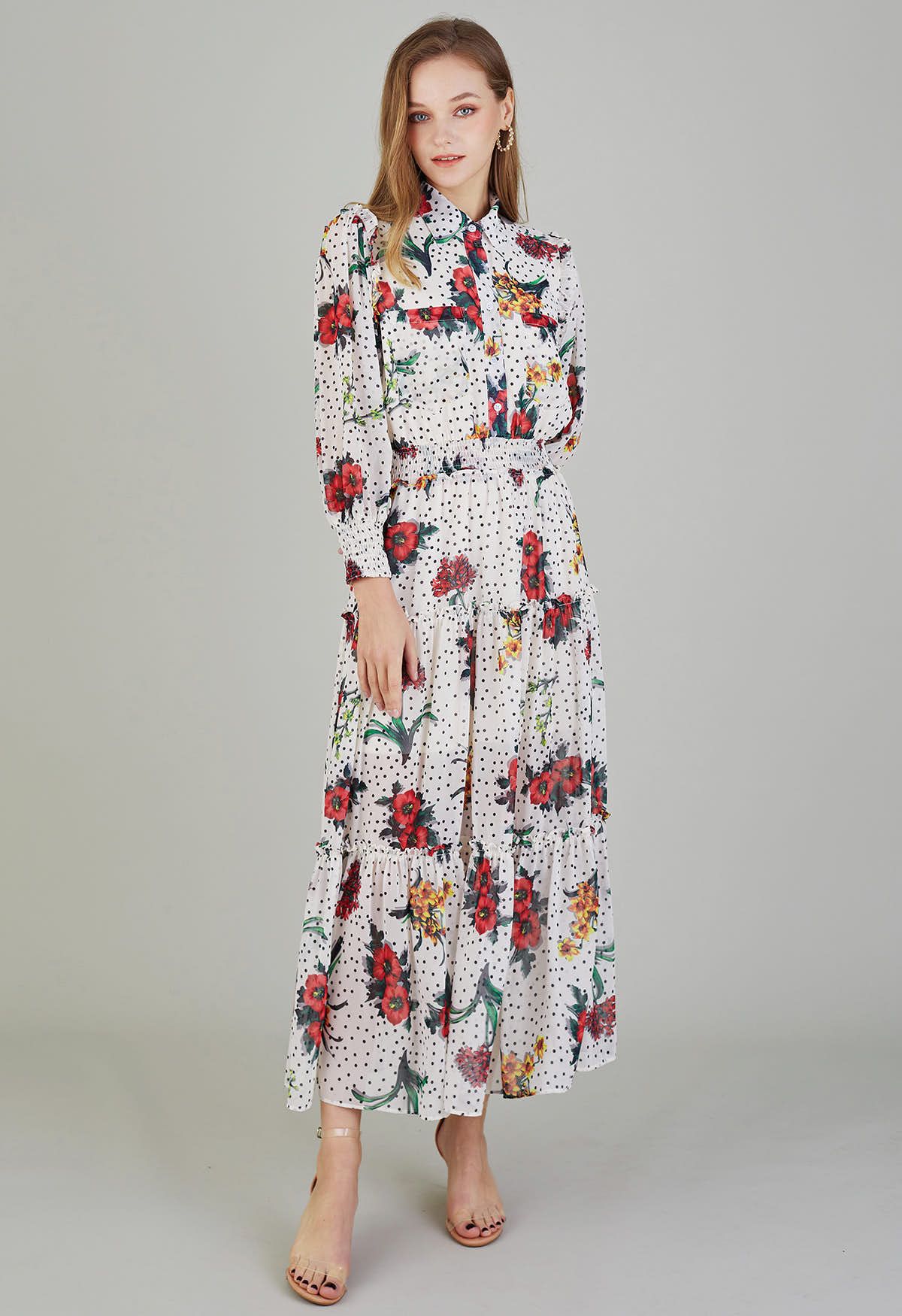 Polka Dot Floral Printed Chiffon Maxi Dress