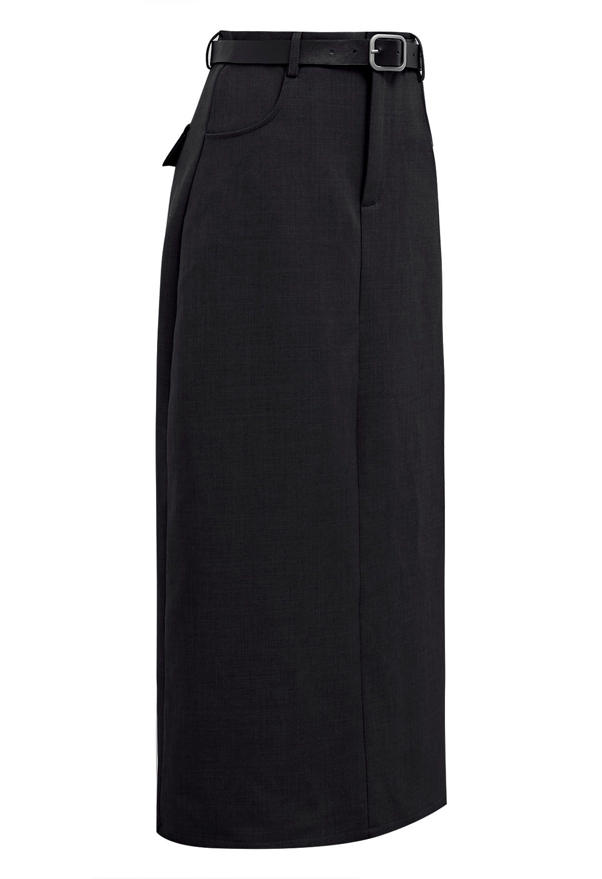 Slit Back Belted Maxi Skirt in Black