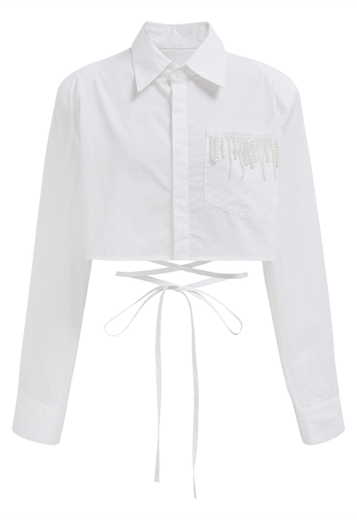 Pearl Decorated Tie Waist Cotton Crop Shirt