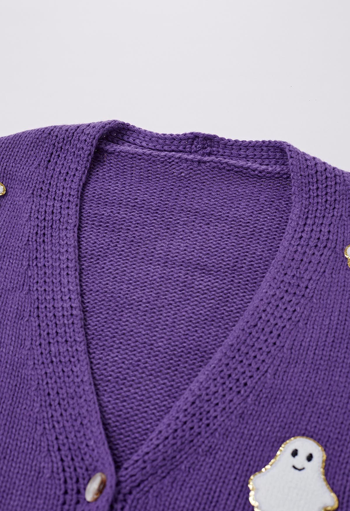 Halloween Ghost Patch Buttoned Knit Cardigan in Purple