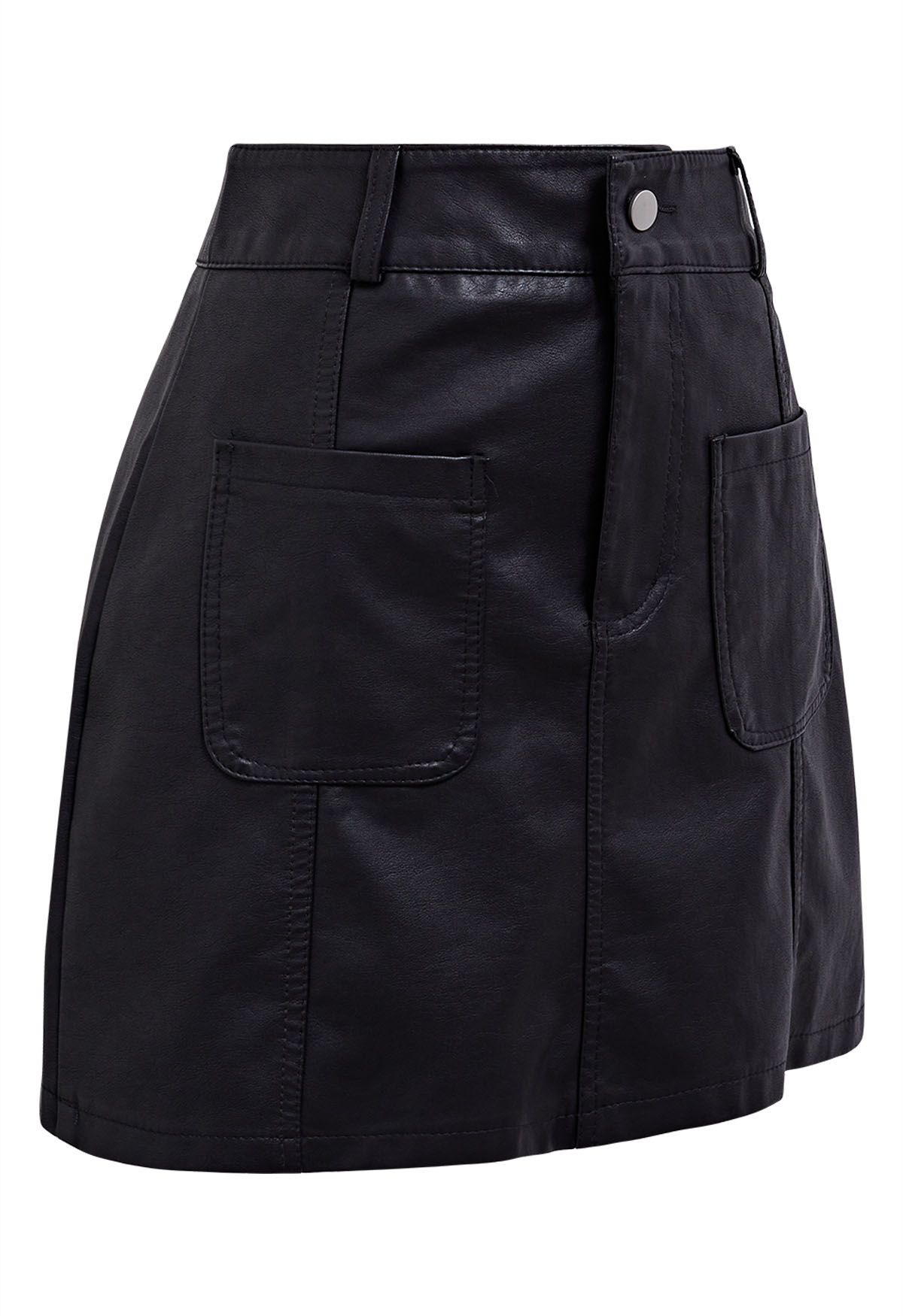 Patch Pocket Faux Leather Mini Skirt in Black