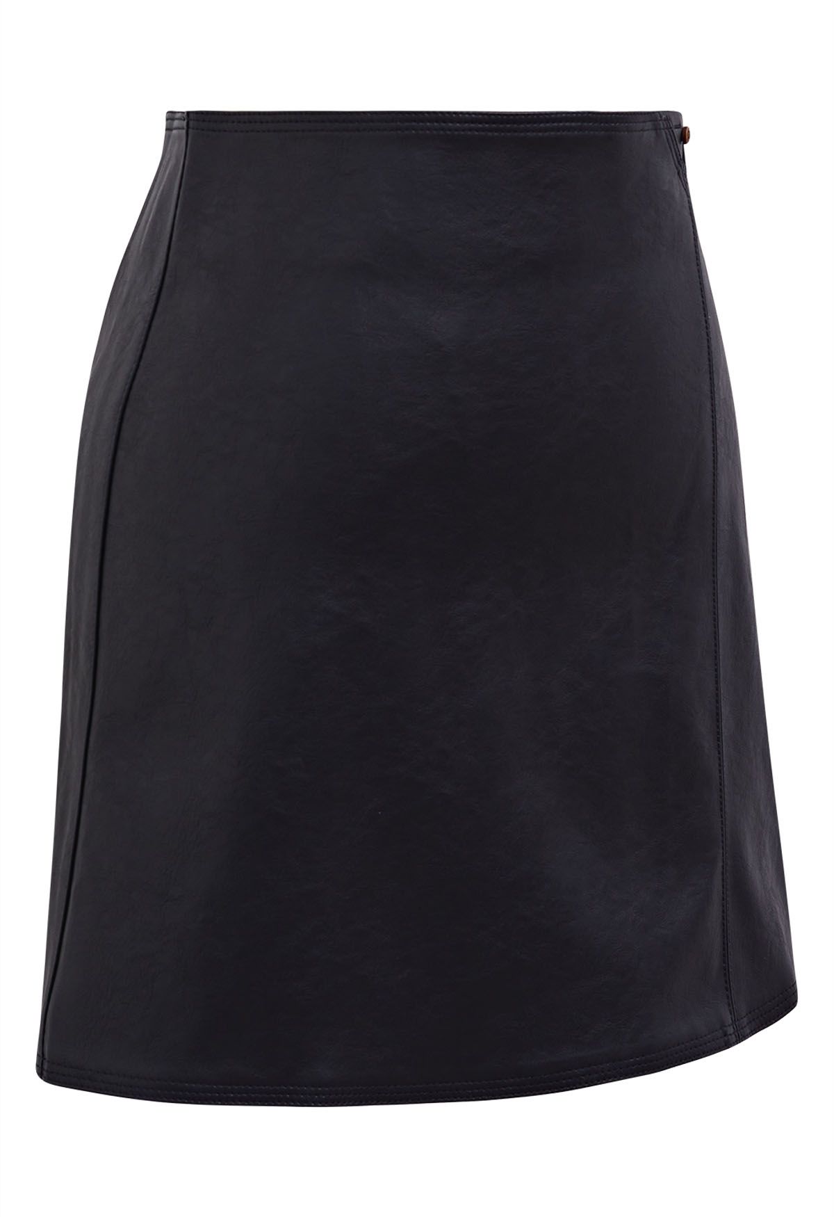 Button Trimmed Faux Leather Mini Skirt in Black