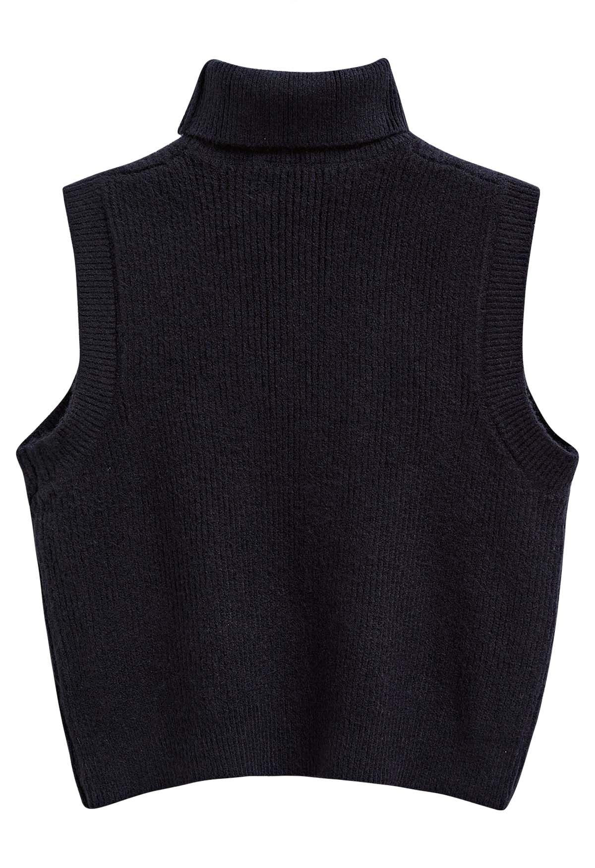 Solid Turtleneck Knit Vest in Black