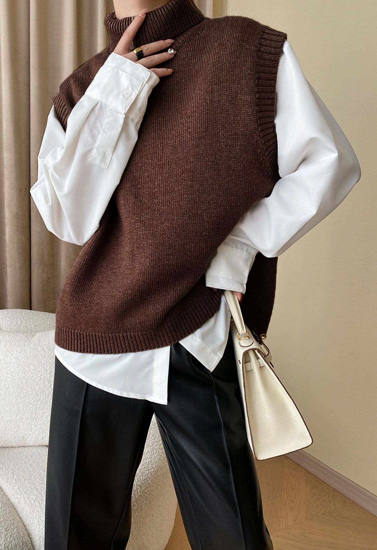 Solid Turtleneck Knit Vest in Brown