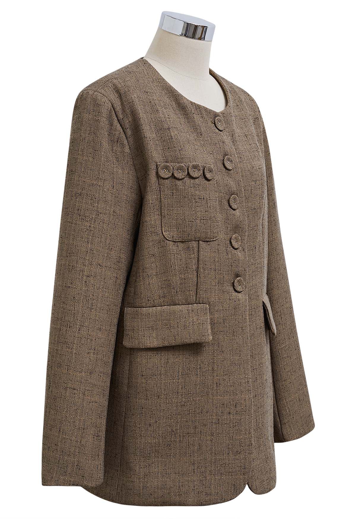 Round Neck Button-Up Tweed Blazer in Brown