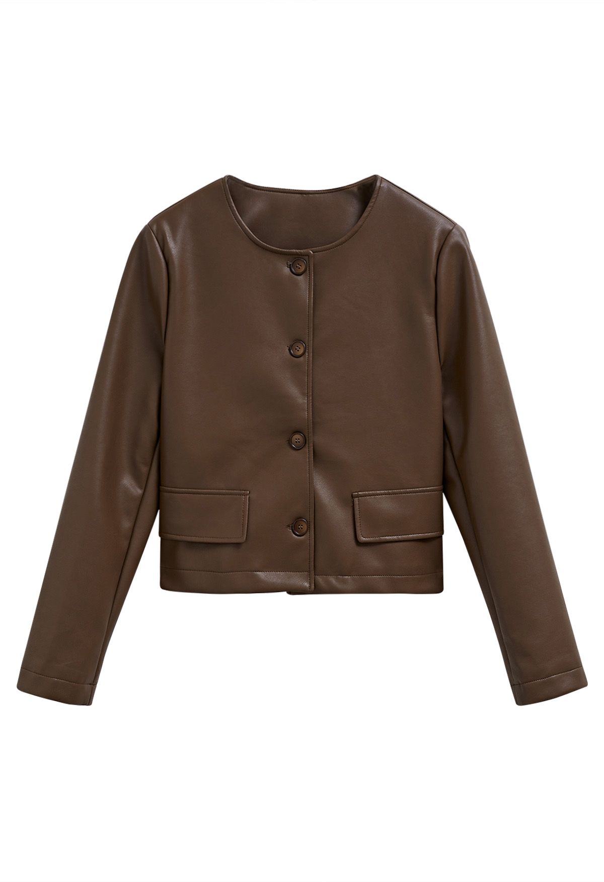 Faux Leather Buttoned Cropped Jacket in Brown