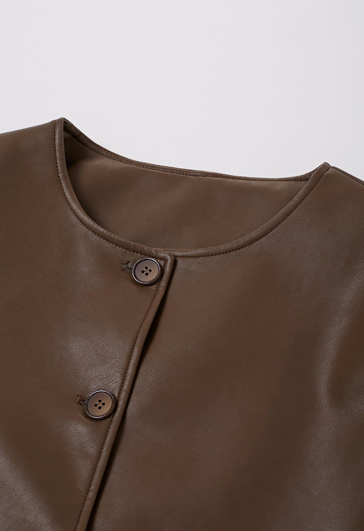 Faux Leather Buttoned Cropped Jacket in Brown