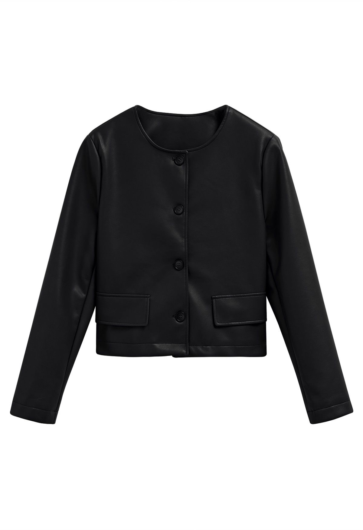Faux Leather Buttoned Cropped Jacket in Black