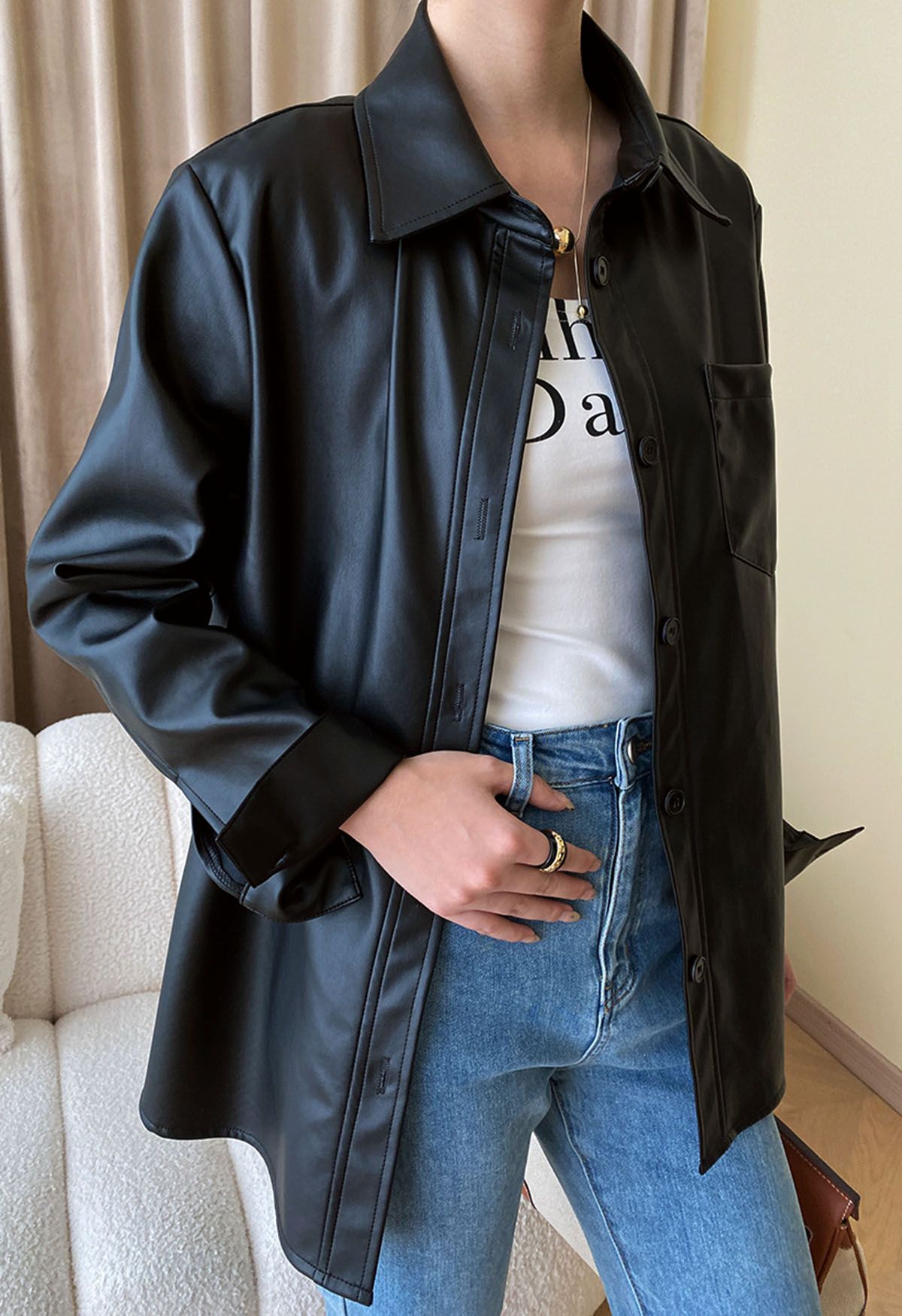 Casual Chic Faux Leather Shirt Jacket in Black