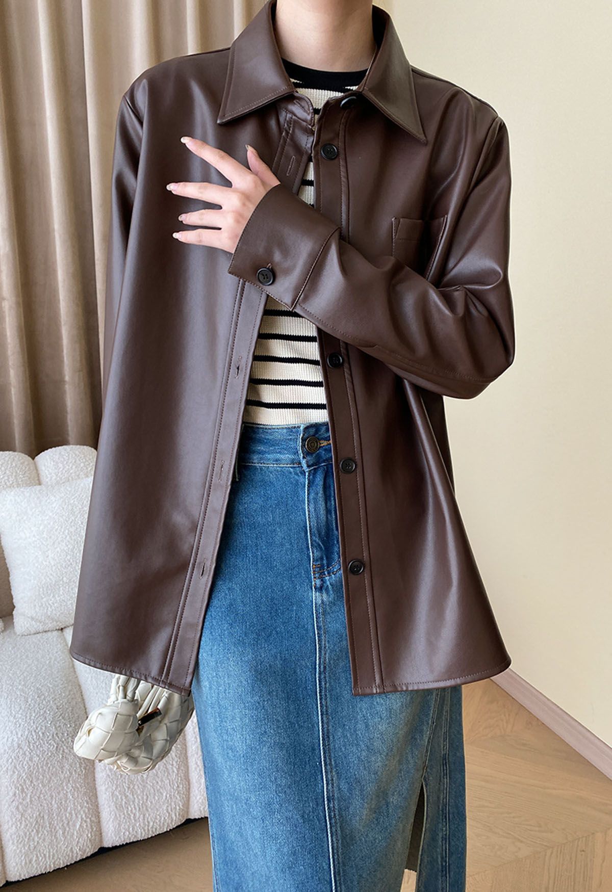Casual Chic Faux Leather Shirt Jacket in Brown