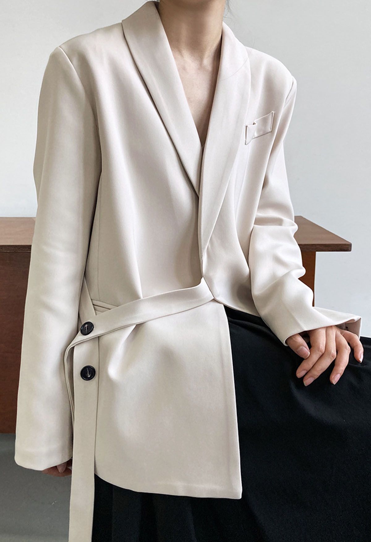 Shawl Collar Buttoned Waist Blazer in Ivory
