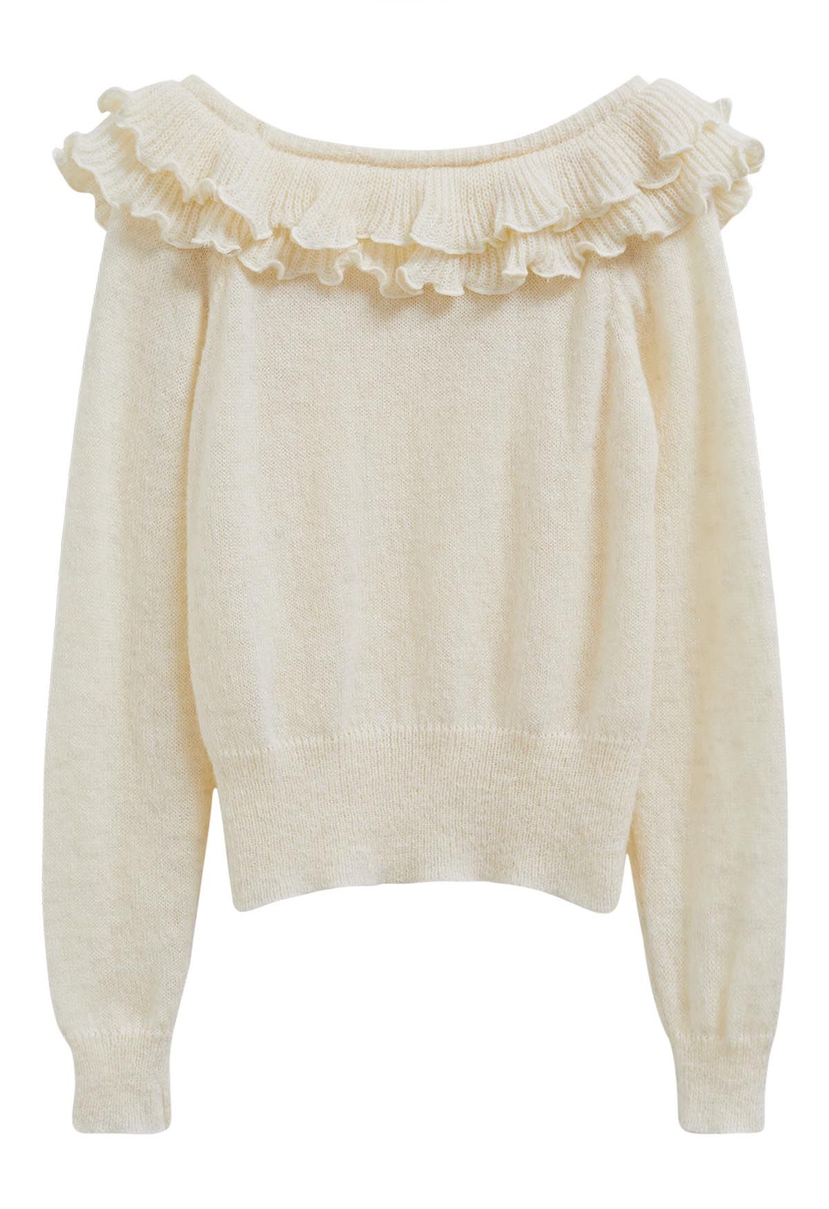 Shimmering Tiered Ruffle Off-Shoulder Knit Sweater in Cream