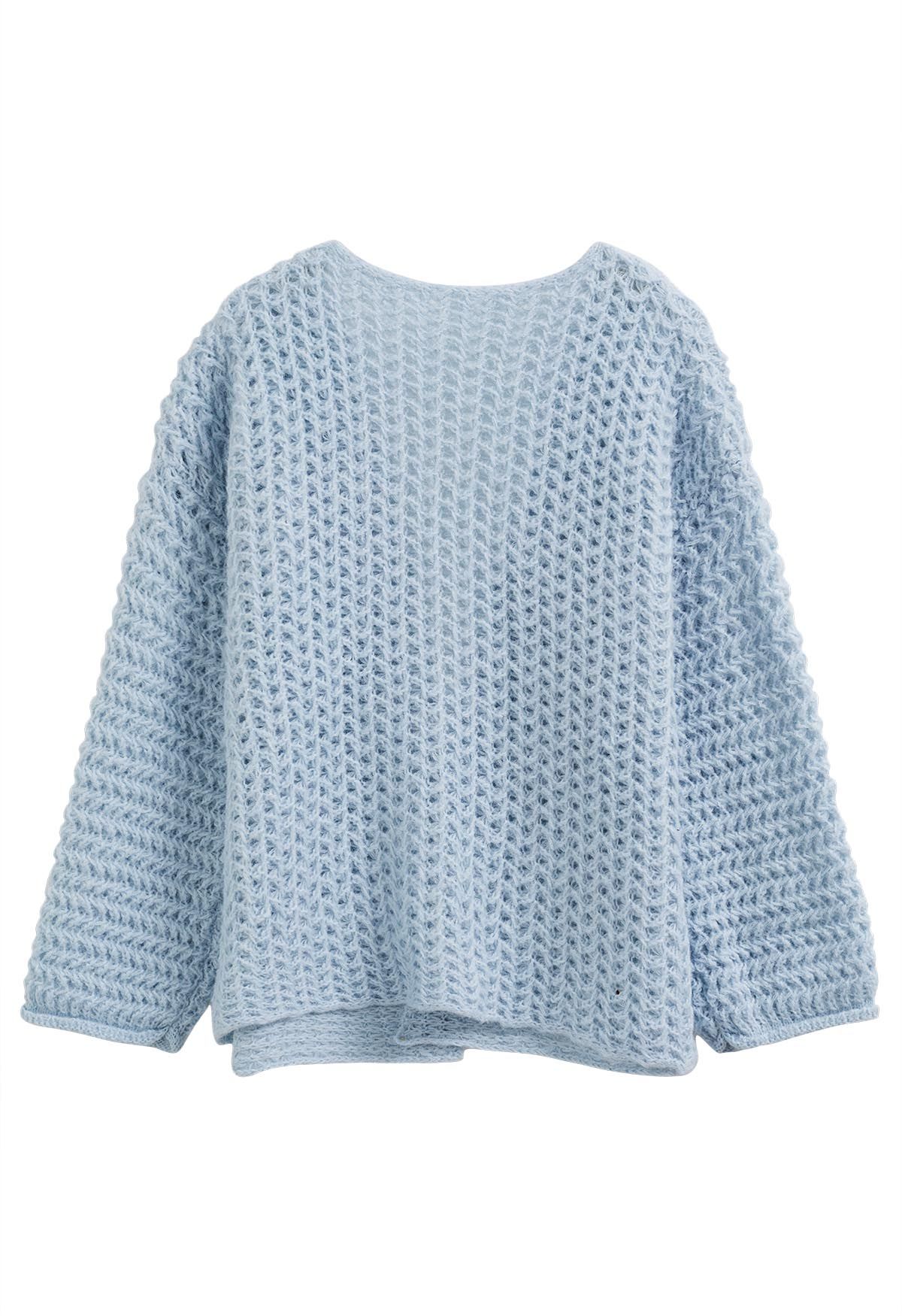 Open Front Hollow Out Knit Cardigan in Blue