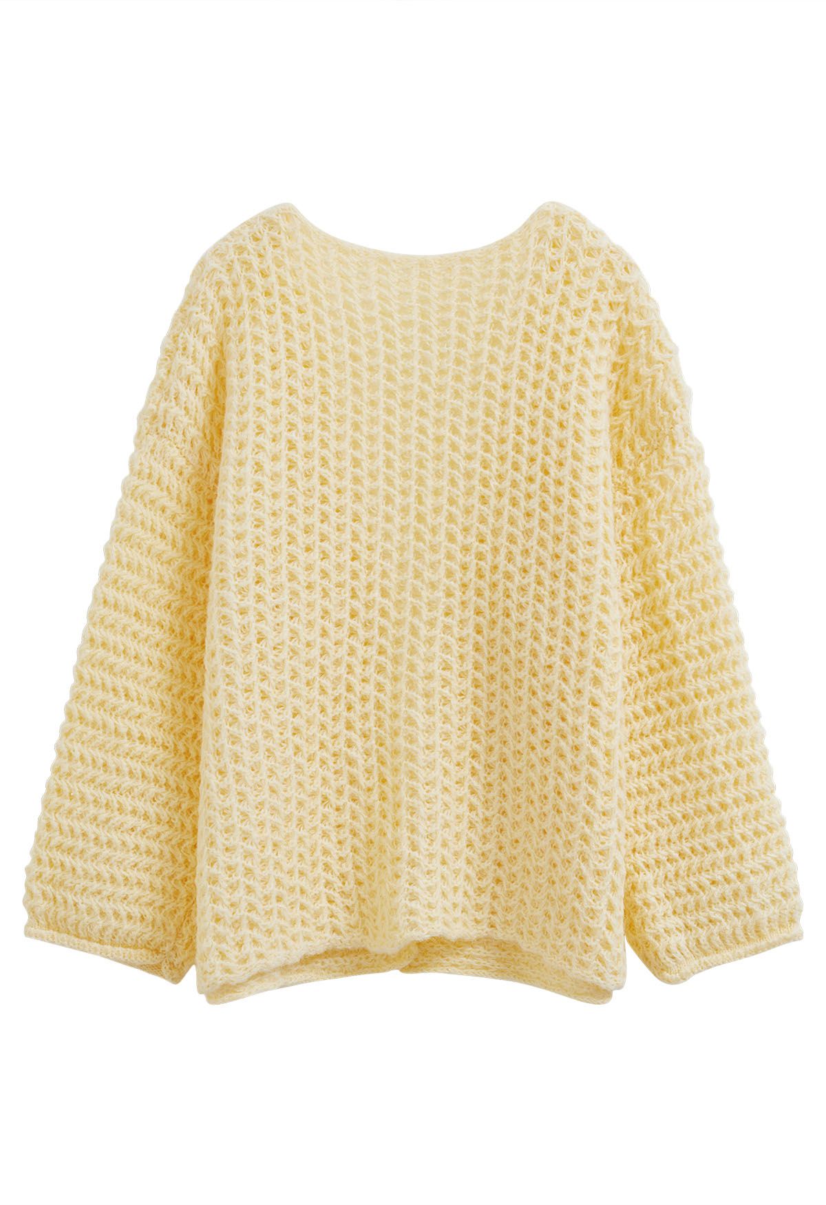 Open Front Hollow Out Knit Cardigan in Light Yellow